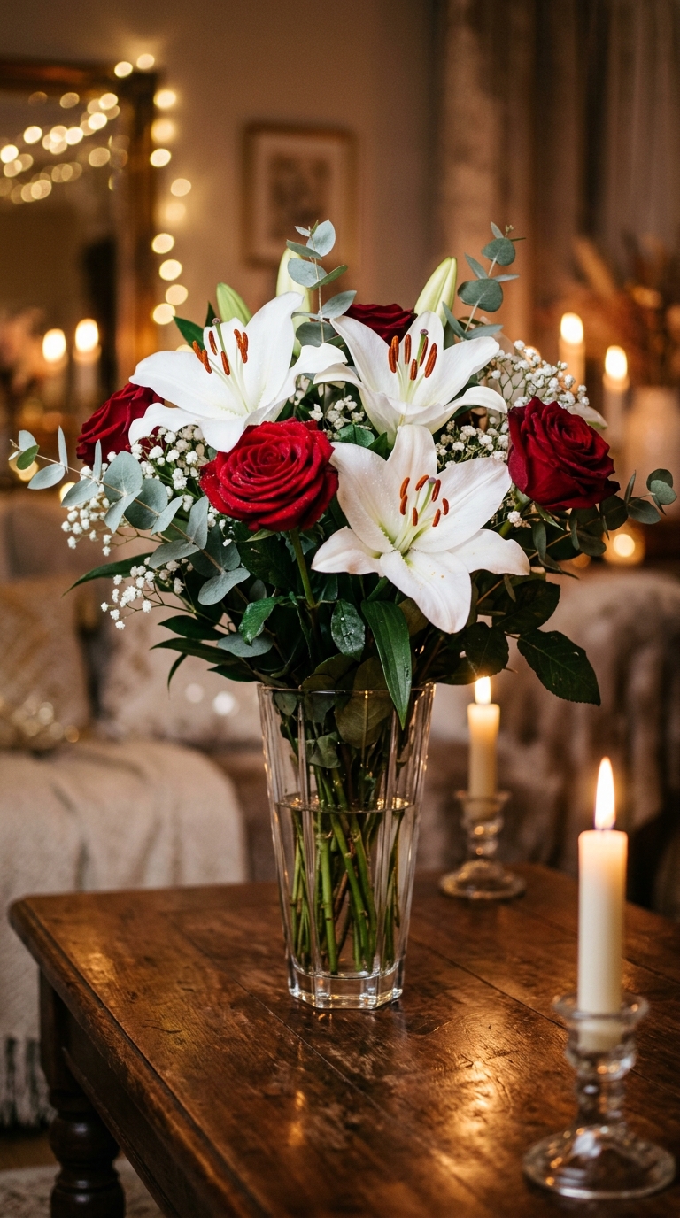 White lilies and red roses bouquet
